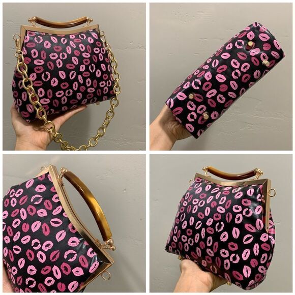 Handmade Genuine Leather Lips👄 Print, Double Kisslock Bag & Small Clutch Set - Picture 12 of 16